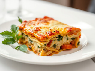 lasagna with tomato and basil on white plate