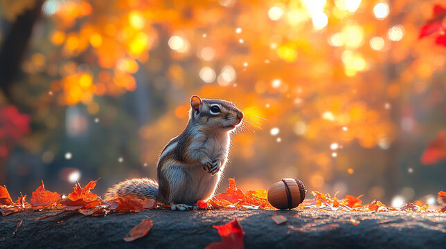 a chipmunk nibbling on an acorn at outdoors during morning, cinematic lighting