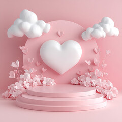 Happy valentines day and stage podium with floating pastel balloon heart shape.