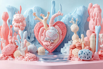 Happy valentines day and stage podium with floating pastel balloon heart shape.