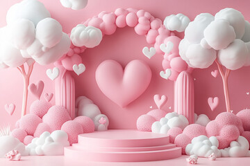 Happy valentines day and stage podium with floating pastel balloon heart shape.