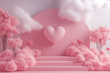 Happy valentines day and stage podium with floating pastel balloon heart shape.