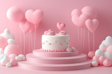 Happy valentines day and stage podium with floating pastel balloon heart shape.
