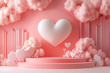 Happy valentines day and stage podium with floating pastel balloon heart shape.