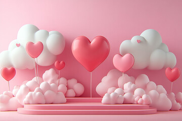 Happy valentines day and stage podium with floating pastel balloon heart shape.