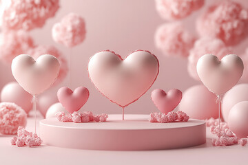 Happy valentines day and stage podium with floating pastel balloon heart shape.