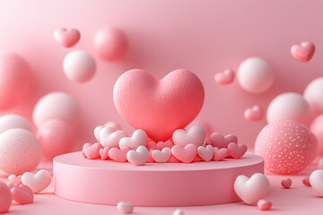 Happy valentines day and stage podium with floating pastel balloon heart shape.