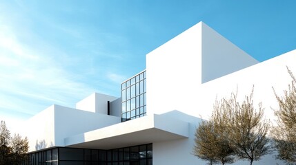 Modern White Architectural Design: Minimalist Building Exterior Under a Clear Sky