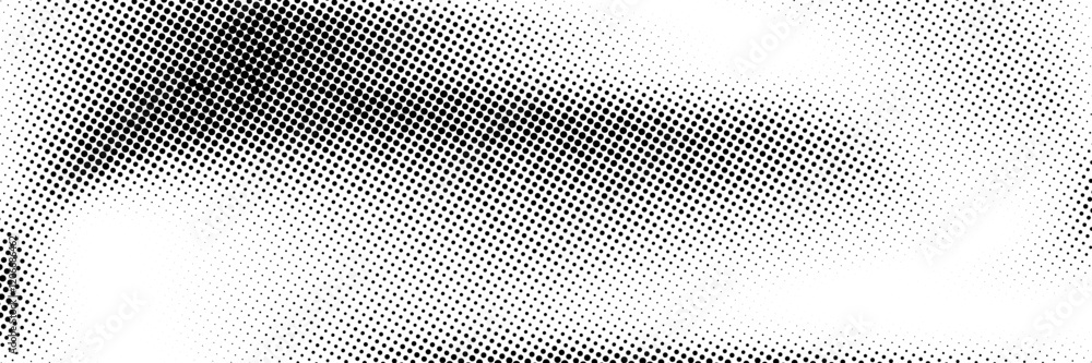 Poster Grunge halftone gradient background. Retro pixelated bitmap backdrop. Faded rasterized gritty noise texture. Black and white dotted sand grain wallpaper. Vector aged anime or manga comic overlay