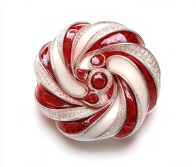 Red and white swirl jewelry brooch with gemstones.
