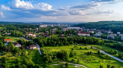 Aerial view of a town nestled in a green valley, buildings and houses surrounded by lush vegetation under a partly cloudy sky, ideal for travel brochures