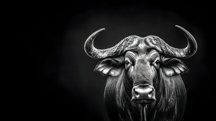 African Cape Buffalo portrait, dark background, wildlife safari, animal photography for conservation
