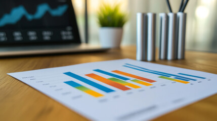 Business analysis report with colorful charts on a wooden desk and laptop in the background