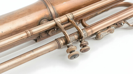 Naklejka premium Antique Brass Trumpet Valves Close-up. Musical Instrument Detail Shot