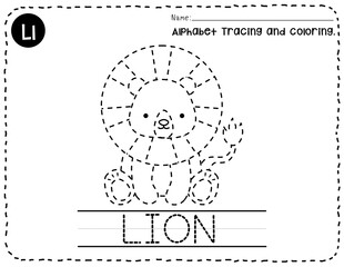 Lion alphabet L letter tracing, Animal trace and coloring pages for kid, Coloring pages outline, English vocabulary, Kindergarten and preschool activity, Alphabet tracing worksheet.