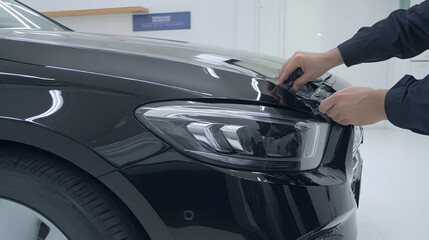 Applying protective film to a black car's hood in a workshop
