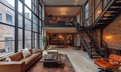Loft apartment interior, city view, open plan, industrial style, hardwood floor, home design