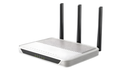 Black box a compact wireless router, isolated on a white background, suggesting a modern technological object for internet 