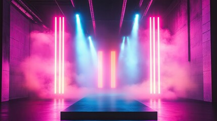 Naklejka premium Concert stage background with blue and purple lights. Empty concert floor at futuristic room