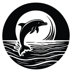 Stunning Black and White Image of Dolphin Leaping Over Water with Mountains and Moon in the Background