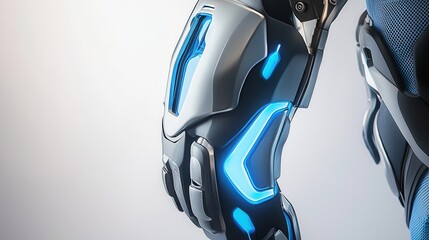 Futuristic cybernetic arm featuring glowing blue accents and a sleek metallic design, emphasizing innovation and advanced technology.