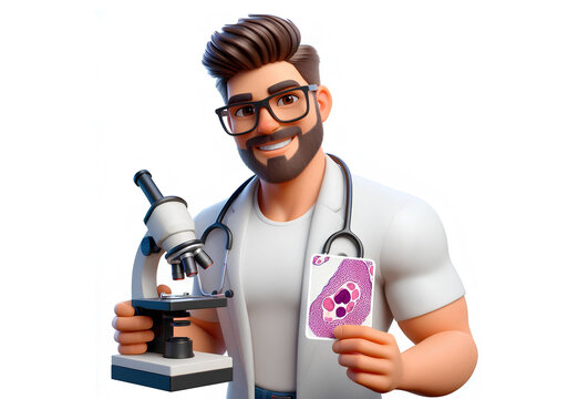 M&eacute;dico Patologista 3D Sorrindo com &Oacute;culos e Microsc&oacute;pio. Personagem 3D para marcas