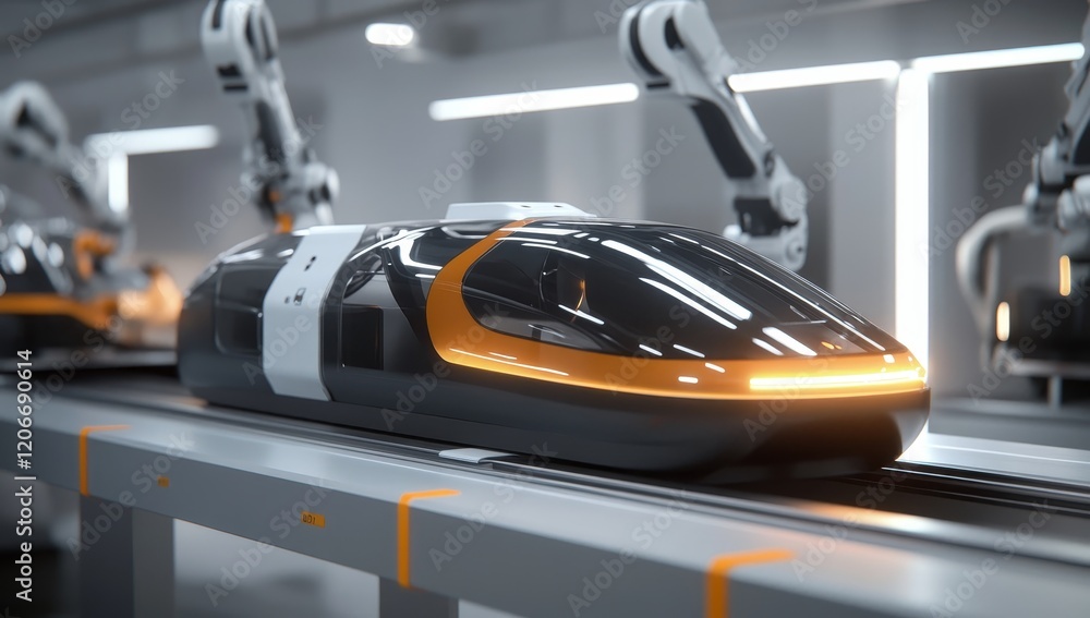 Poster futuristic high-speed train on automated assembly line.