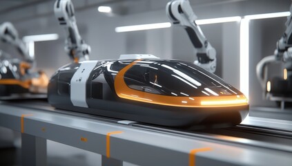 Naklejka premium Futuristic high-speed train on automated assembly line.