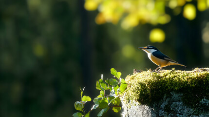 Bird perched on mossy rock, autumn forest background, wildlife photography, nature scene
