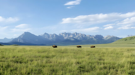 Obraz premium Bison grazing in a vast grassland with majestic mountains in the background; perfect for travel brochures