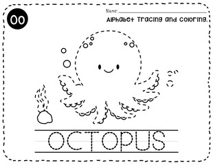 Octopus alphabet O letter tracing, Animal trace and coloring pages for kid, Coloring pages outline, English vocabulary, Kindergarten and preschool activity, Alphabet tracing worksheet.