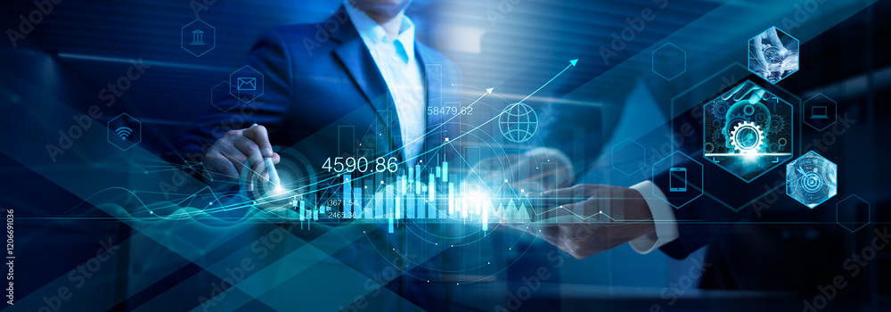 Poster businessman analyzing and calculating financial data for long term investment growth goals and compa