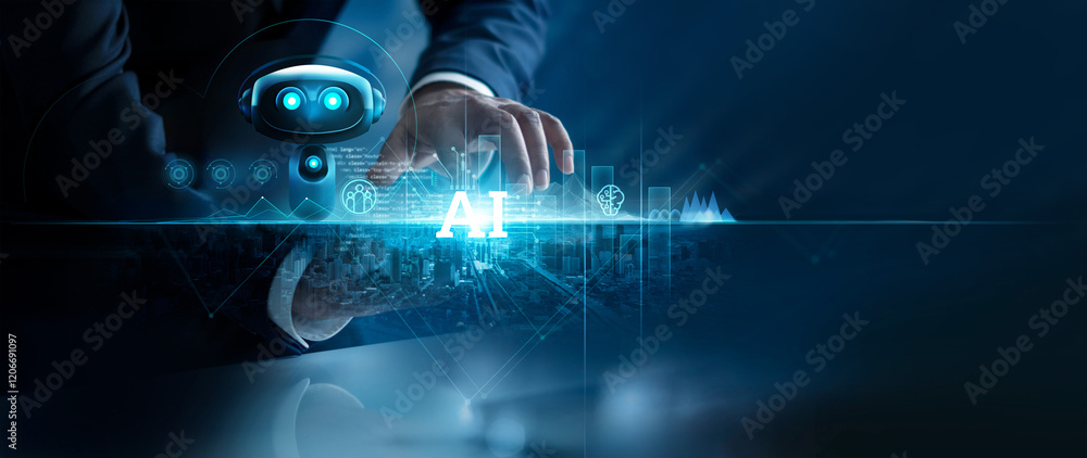 Fototapete AI, Artificial Intelligence. Machine learning, Chatbot, Businessman using AI technology for data analysis business, Algorithm, Coding computer language with digital brain.