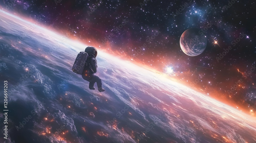 Poster astronaut floats in space above a vibrant planet