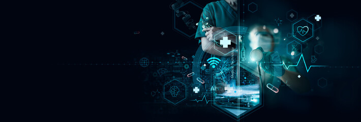 Medical technology, doctor use AI robots for diagnosis, care, and increasing accuracy patient treatment in future. Medical research and development innovation technology to improve patient health.