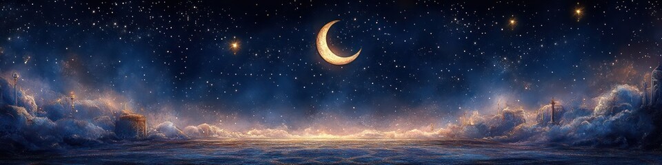 Naklejka premium Celestial Dreamscape: A Nighttime Fantasy Under a Crescent Moon