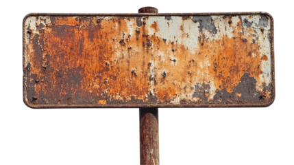 Rusted metal signboard mounted on poles, isolated on transparent background 