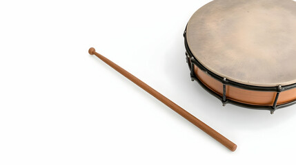 Bodhr&aacute;n drum and stick on white background; musical instrument, Irish culture, percussion, studio shot; website, brochure, or music education