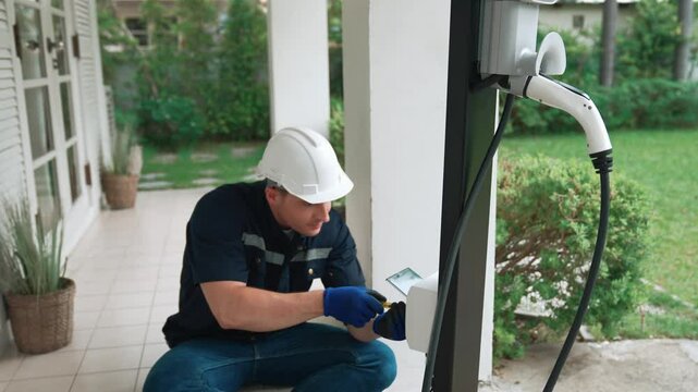 Qualified technician install home EV charging station, providing maintenance service for electric vehicle's battery charging platform at home. EV car technology for residential utilization. Fastidious