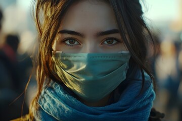 Closeup of a Girl Wearing a Surgical Mask in a Crowded Outdoor Setting, Promoting Health and Hygiene