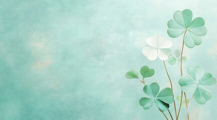 Vase filled with fresh four leaf clovers on a wooden table in natural light