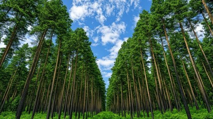 Dense pine forest with tall trees and sunlight filtering through the branches