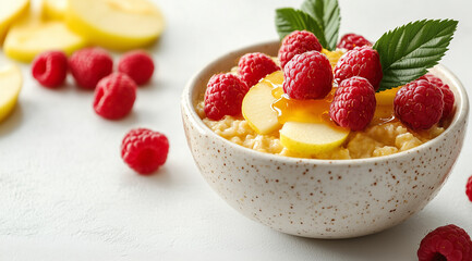 Oatmeal with raspberries and apples on a white background with space for text, created with Generative AI technology