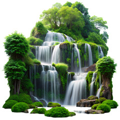 Naklejka premium Serene Cascading Waterfalls in Lush Green Paradise, Perfect for Relaxation and Tranquility eco calm 