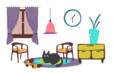 Living room set. Cartoon style drawing. Flat style.