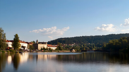 Obraz premium Calm river reflecting town, hills, clear sky. Summer leisure scene; ideal for travel brochures