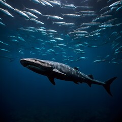 Fototapeta premium Frilled Shark in the Deep Sea Surrounded by Bio luminescent Creatures