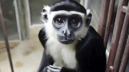 Obraz premium Capuchin monkey sits in zoo enclosure, looking at camera. Background shows bars and concrete floor. Ideal for conservation or animal welfare campaigns