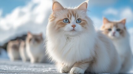 Half body photo, a long haired Ragdoll Cat standing sideways on a marble floor, with its head looking forward to capture the camera
