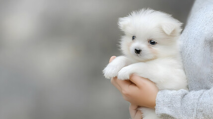 Child holding fluffy white puppy outdoors; blurred background. Perfect for pet adoption campaigns